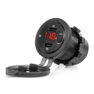 Ładowarka samochodowa z gniazdami USB i testerem napięcia wodoodporna z włącznikiem 2x USB-C 12V 24V AMIO-04226