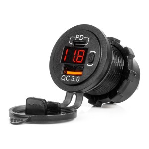 Ładowarka samochodowa z gniazdami USB i testerem napięcia wodoodporna z włącznikiem USB + USB C QC3.0 12/24V AMIO-04222