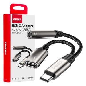 Adapter rozgałęźnik USB-C na  USB-C + Mini Jack 3.5mm 10cm AMIO-04295