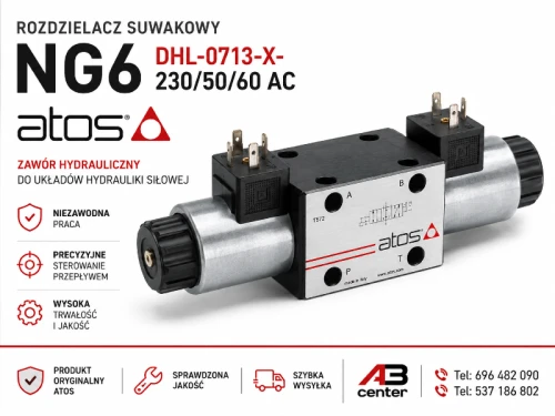 Rozdzielacz suwakowy NG6 Atos DHL-0713-X-230/50/60 AC do układów hydrauliki siłowej. Elektrozawór hydrauliczny CETOP 3 z zasilaniem 230V AC, wysoka trwałość i precyzyjne sterowanie przepływem.