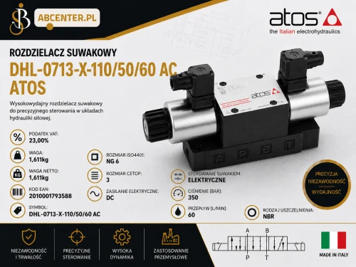 Wysokowydajny rozdzielacz suwakowy NG6 Atos DHL-0713-X-110/50/60 AC do precyzyjnego sterowania przepływem w hydraulice siłowej. Rozmiar CETOP 3, przepływ 60 l/min, ciśnienie 350 bar.