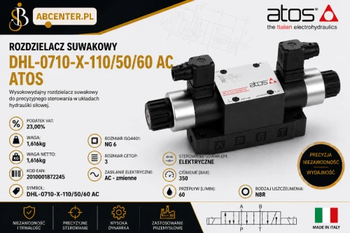 Rozdzielacz suwakowy NG6 DHL-0710-X-110/50/60 AC Atos – rozdzielacz hydrauliczny ISO 4401 NG6 CETOP 3, sterowanie elektryczne AC, przepływ 60 l/min, ciśnienie 350 bar | ABcenter.pl