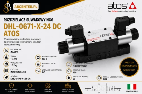 Rozdzielacz suwakowy NG6 DHL-0671-X-24 DC Atos – rozdzielacz hydrauliczny ISO 4401 NG6 CETOP 3, sterowanie elektryczne DC, przepływ 60 l/min, ciśnienie 350 bar | ABcenter.pl