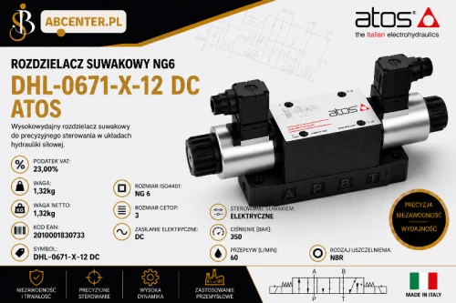 Rozdzielacz suwakowy NG6 DHL-0671-X-12 DC Atos – rozdzielacz hydrauliczny ISO 4401 NG6 CETOP 3, sterowanie elektryczne DC, przepływ 60 l/min, ciśnienie 350 bar | ABcenter.pl