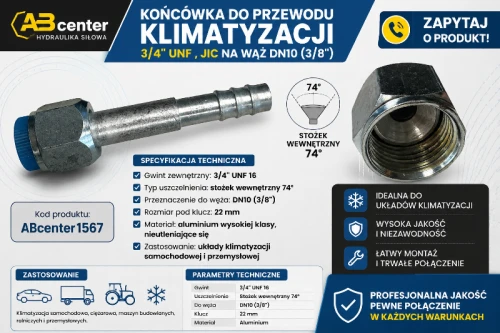 Końcówka do przewodu klimatyzacji 3/4" UNF 16 JIC na wąż DN10 (3/8") – aluminium, stożek wewnętrzny 74°, ABcenter1567