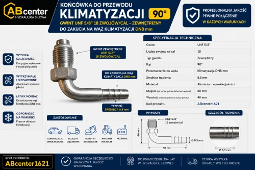 Końcówka do przewodu klimatyzacji UNF 5/8" 18 TPI 90° na wąż DN8 mm, aluminium, ABcenter1621