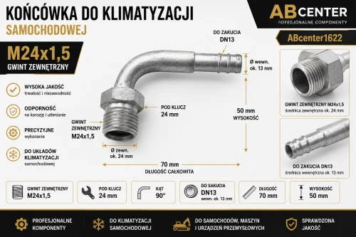 Końcówka do klimatyzacji M24x1,5 90° na wąż DN13 do zakucia, gwint zewnętrzny, ABcenter1622