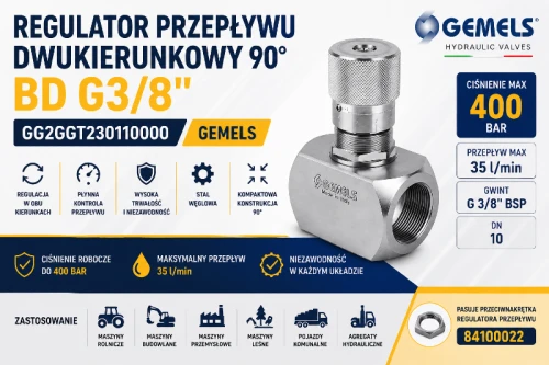 Regulator przepływu dwukierunkowy 90° BD G3/8" 35 l/min 400 bar Gemels GG2GGT230110000 do hydrauliki siłowej ABcenter