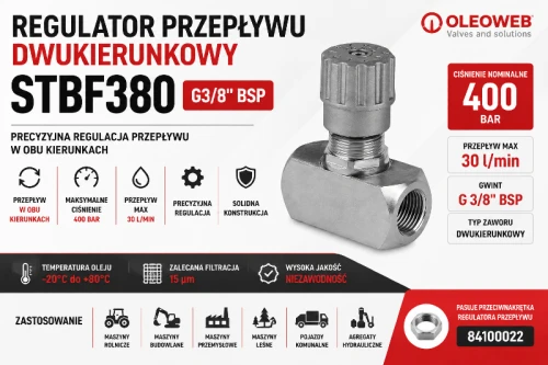 Regulator przepływu dwukierunkowy STBF380 G3/8" 30 l/min 400 bar Oleoweb do hydrauliki siłowej ABcenter