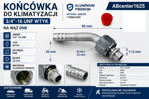 Końcówka do klimatyzacji 3/4"-16 UNF 45° na wąż DN8, wtyk 11,5 mm, aluminium premium ABcenter1625
