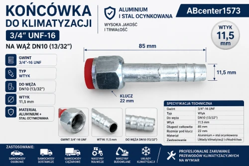 Końcówka do klimatyzacji prosta 3/4"-16 UNF na wąż DN10 (13/32"), wtyk 11,5 mm ABcenter1573