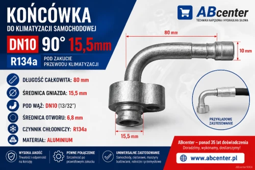 Końcówka do klimatyzacji samochodowej DN10 90° 15,5 mm R134a pod zakucie ABcenter9004
