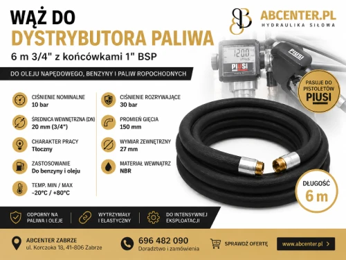 Wąż do dystrybutora paliwa 6 m 3/4" DN20 z końcówkami 1" BSP do benzyny i oleju napędowego – ABcenter