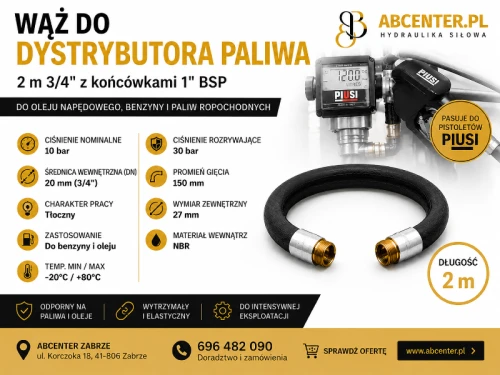 Wąż do dystrybutora paliwa 2 m 3/4" DN20 z końcówkami 1" BSP do benzyny i oleju napędowego – ABcenter
