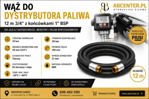 Wąż do dystrybutora paliwa 12 m 3/4" DN20 z końcówkami 1" BSP do benzyny i oleju napędowego – ABcenter