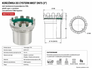 Końcówka do cystern MKST DN75 stal nierdzewna gładki ogon uszczelnienie Hypalon MKST075SSS