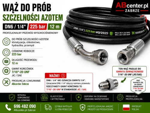 Wąż do prób szczelności azotem DN6 12 m 225 bar 7/16-20 UNF JIC SAE – ABcenter.pl Zabrze
