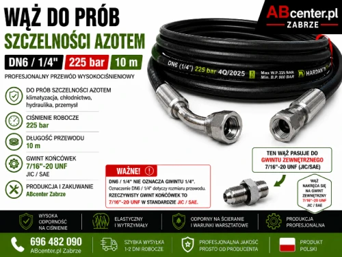 Wąż do prób szczelności azotem DN6 10 m 225 bar 7/16-20 UNF JIC SAE – ABcenter.pl Zabrze