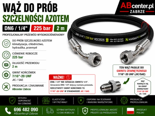 Wąż do prób szczelności azotem DN6 2 m 225 bar 7/16-20 UNF JIC SAE – ABcenter.pl Zabrze