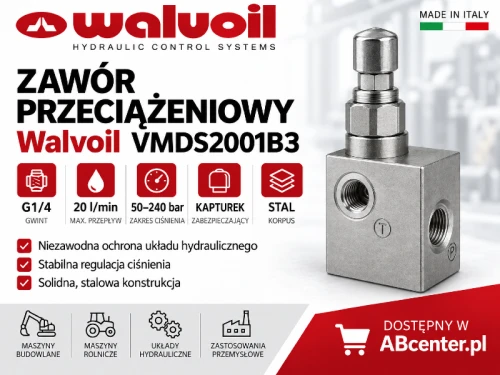 Zawór przeciążeniowy Walvoil VMDS2001B3 G1/4 20 l/min 50–240 bar kapturek stal